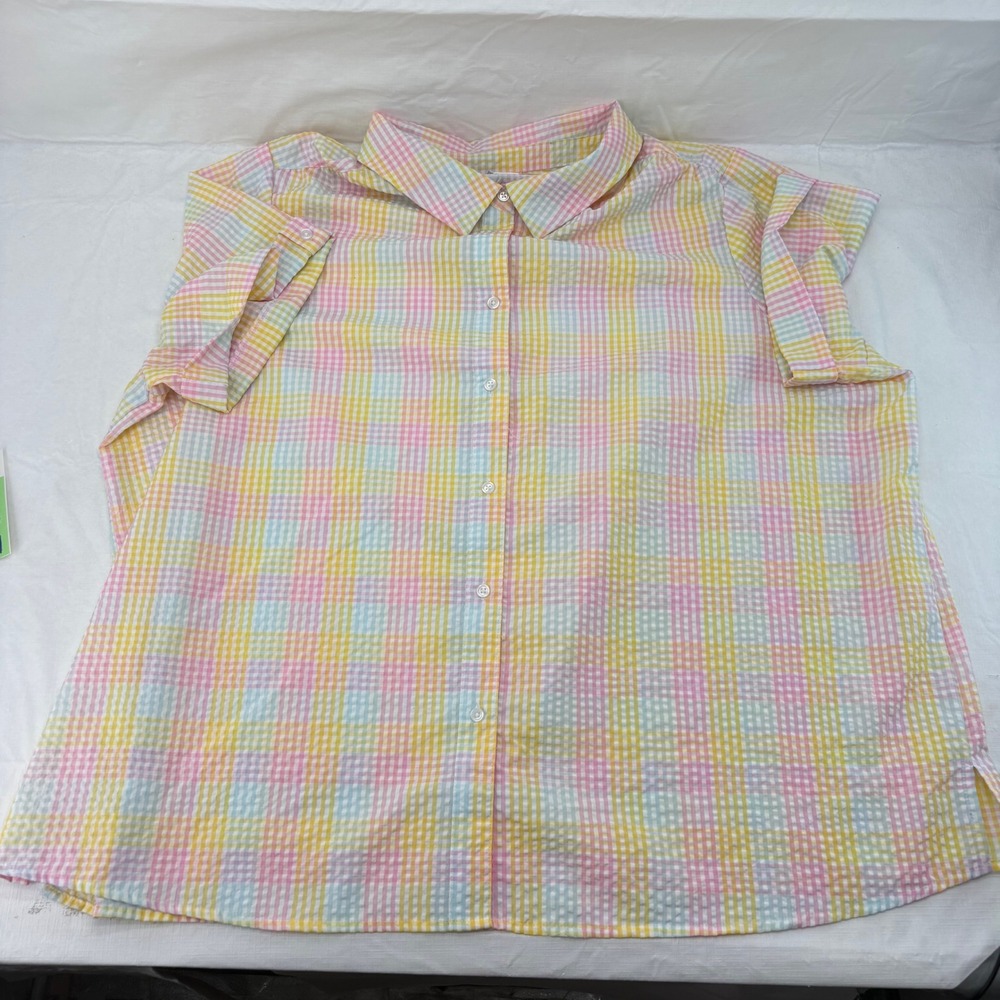 American Sweetheart Pastel Rainbow Gingham Button Down Shirt 4X Short Sleeve BGK